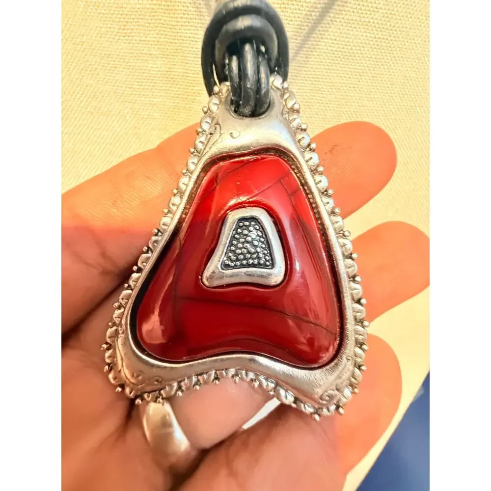 Vintage Red Geometric Pendant Cord Necklace 18”